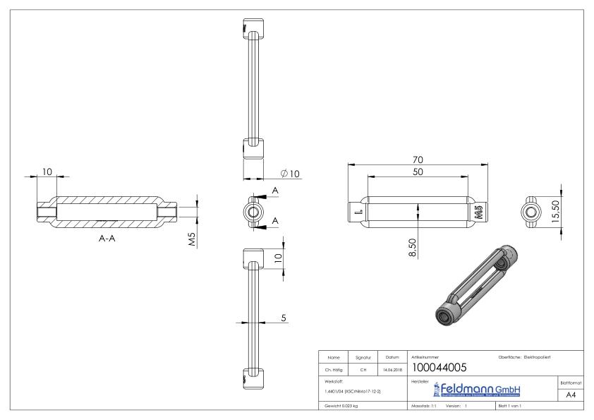 Spannschloss mit Gewinde M5, V4A