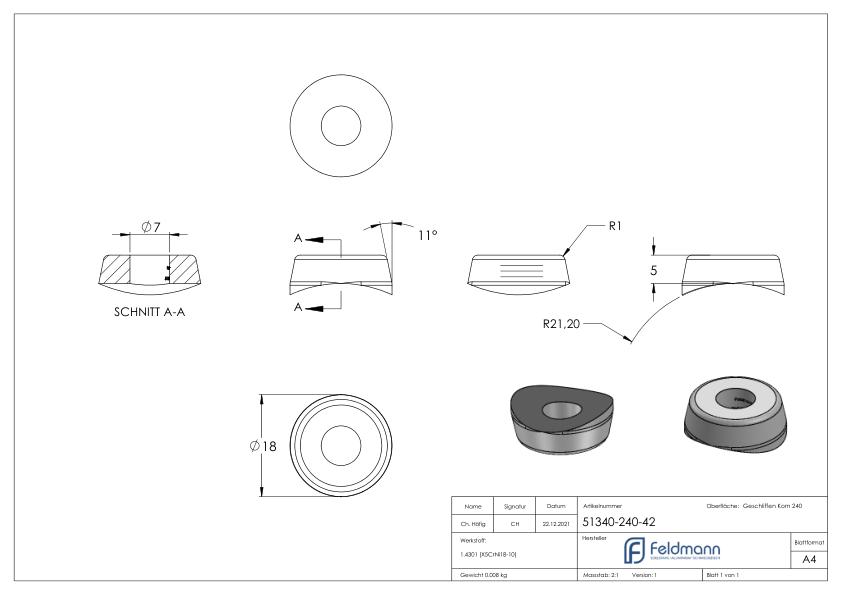 Ausgleichsstück für Rohr 42,4mm, Ø 18mm, mit Bohrung 7mm, V2A