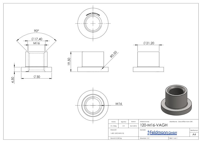 Gewindehülse, passend zu Torband 120-M16-VA , V2A Gewindehülse, passend zu Torband 120-M16-VA , V2A