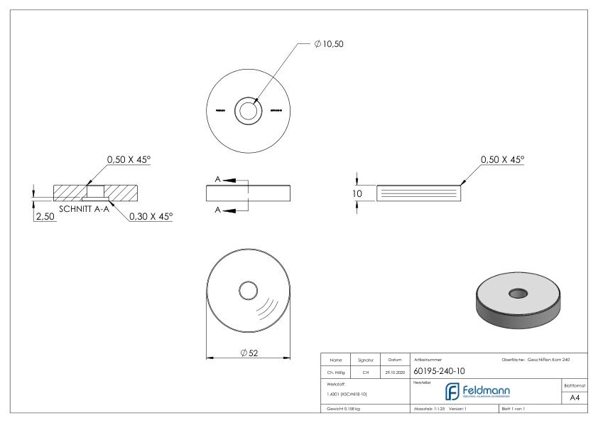 Unterteil Ø 52 mm, mit Durchgangsbohrung , t: 10mm, V2A