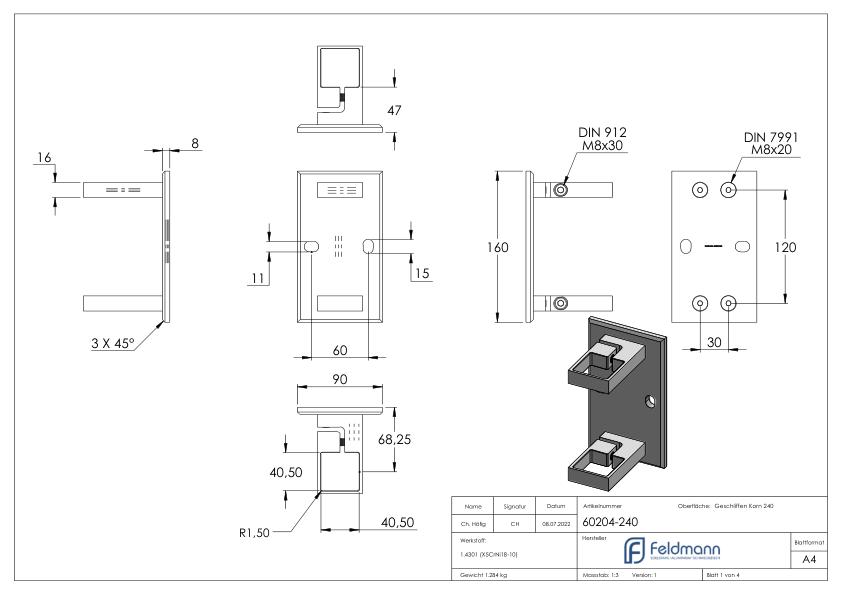 Wandbefestigung für Geländerpfosten 40x40mm, V2A