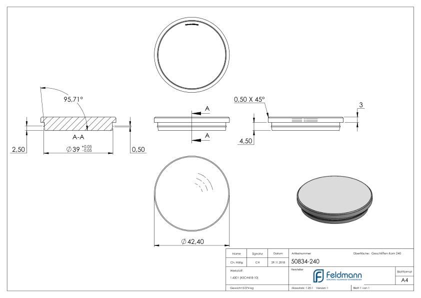Rohrabschlussstopfen, für Rohr 42,4x2,0mm, V2A