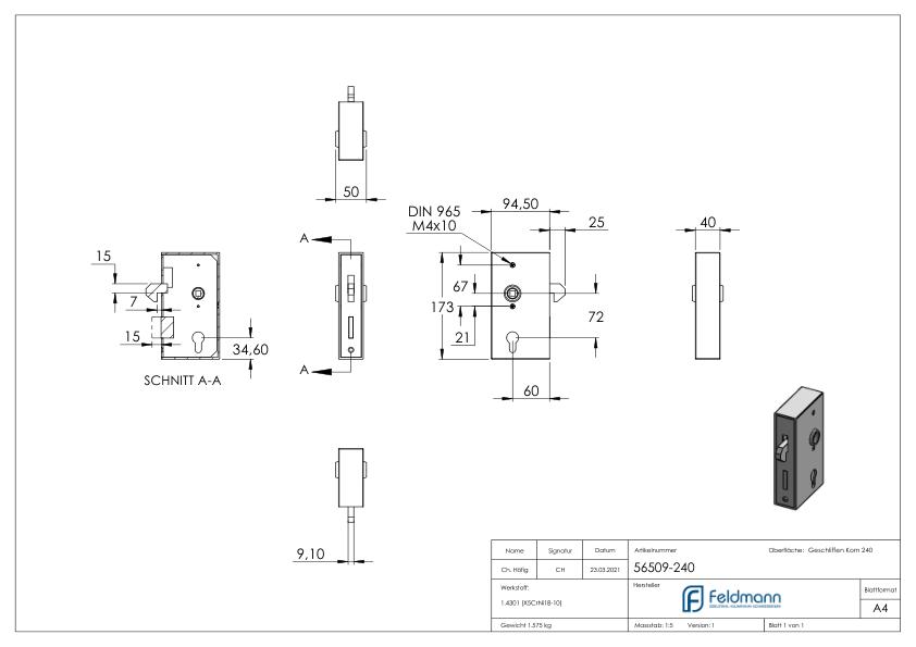 Edelstahlschlosskasten mit verzinktem Schloss & Hakenfalle für Schiebetore, 40x94,5x173mm