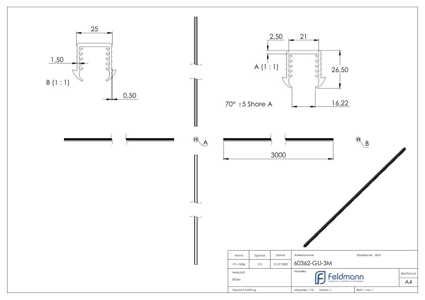 Keildichtung Glas 16,76 – 17,52mm, für Nut 24x24mm, 3m