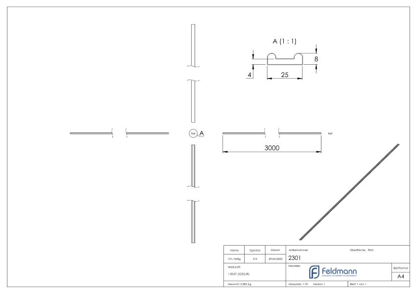 Hespeneisen S235JR, 25x8x4mm, L: 3000mm