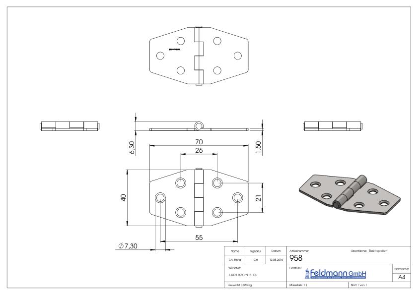 Edelstahl-Scharnier 40x70mm mit festem Zapfen