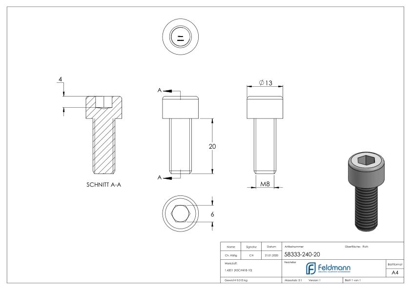 Zylinderkopfschraube M8x20, V2A, DIN 912