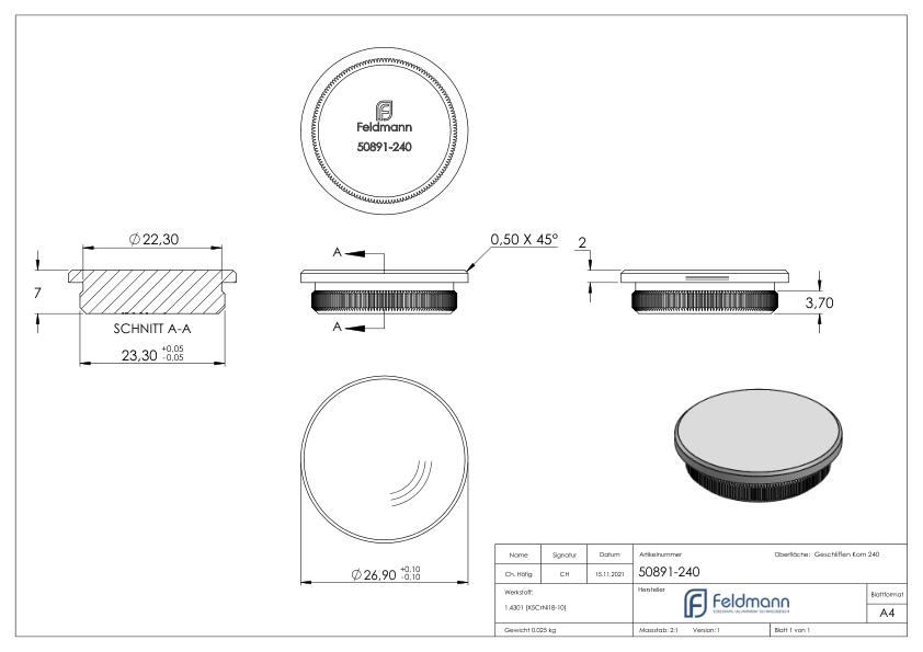 Stopfen, für Rohr 26,9 x 2,0mm, V2A