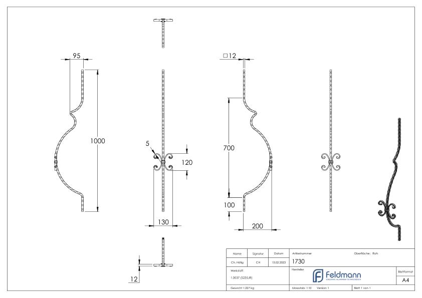 Korbgitterstab 12x12mm, gehämmert, H: 1000mm
