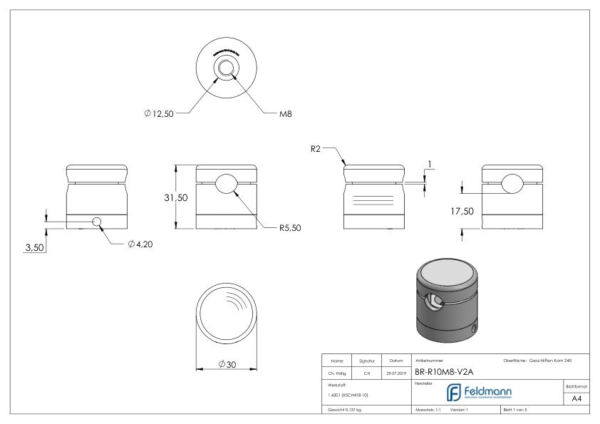 Brenk Grundhalter für Stäbe Ø 10mm, V2A