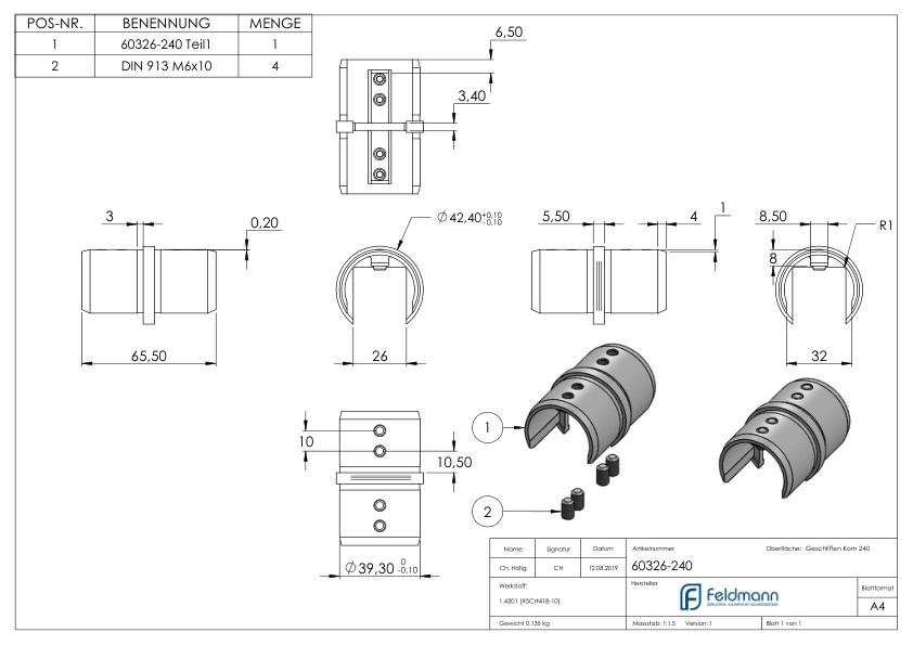 Rohrverbinder für Nutrohr 42,4mm, V2A