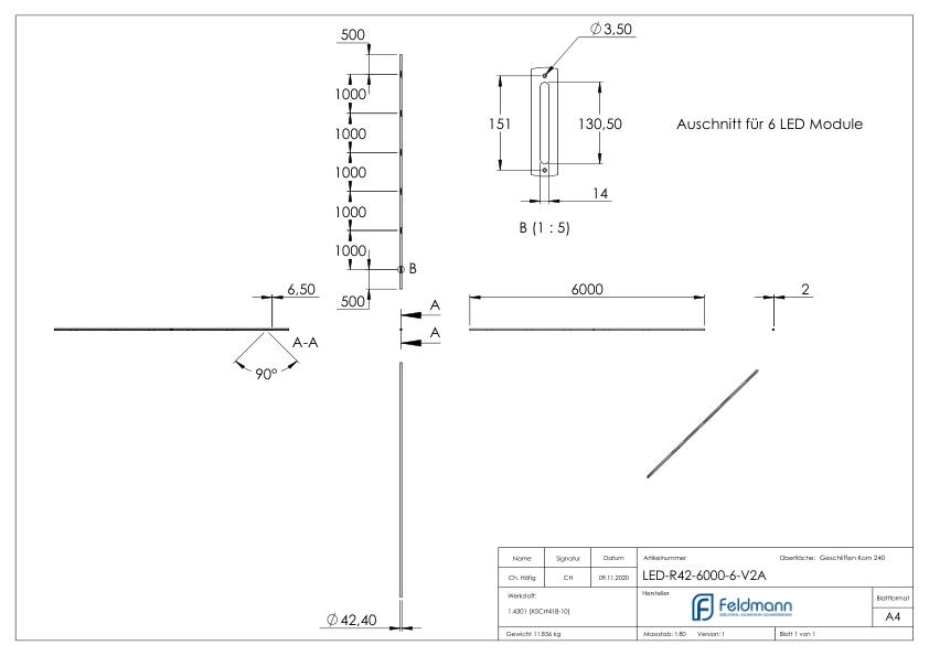 Edelstahlrohr 42,4x2,0mm für LED Module, V2A