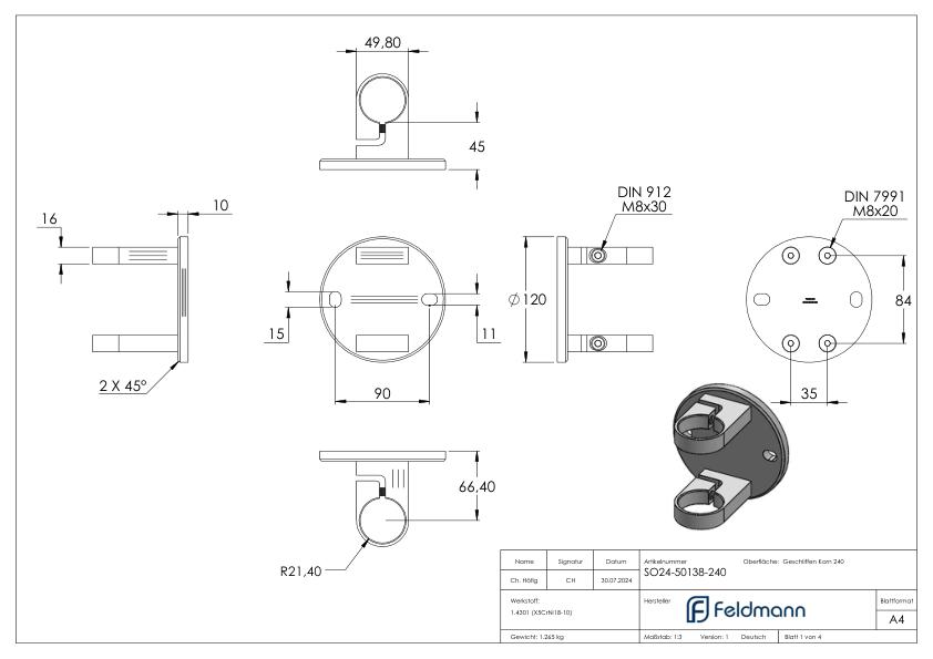 Wandbefestigung für Geländerpfosten 42,4mm, V2A