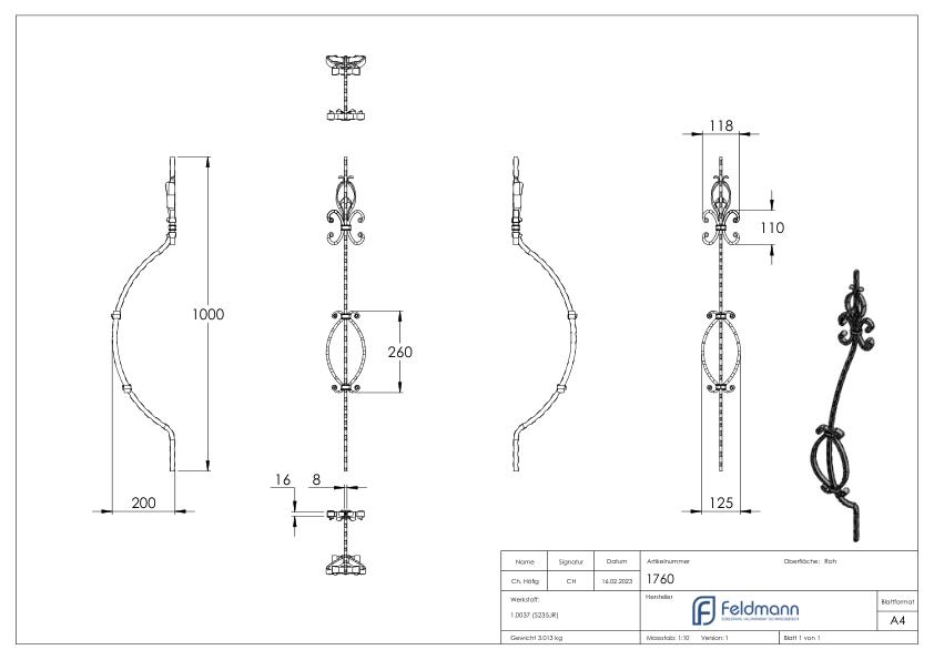 Korbgitterstab 16x8mm, gehämmert, H: 1000mm