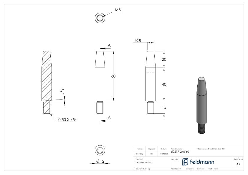 Stift Ø 12mm, L: 60mm, abgedreht, V2A