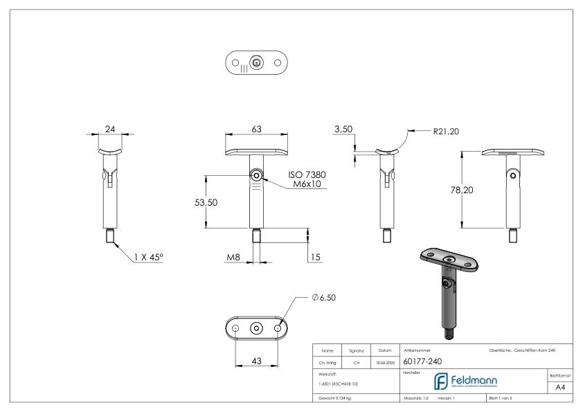 Gelenkstift mit Handlaufanschlussplatte 42,4mm, V2A Gelenkstift mit Handlaufanschlussplatte 42,4mm, V2A