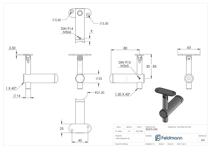 Handlaufhalter mit Gelenk, Handlaufanschlussplatte flach, V2A
