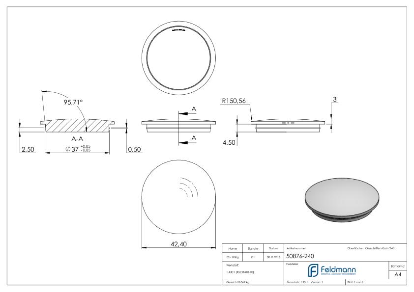 Rohrabschlussstopfen, für Rohr 42,4x3,0mm, V2A