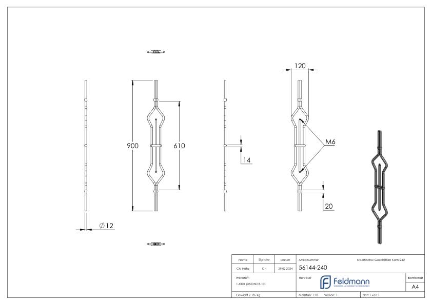 Zierstab, mit 2x Gewinde M6, V2A