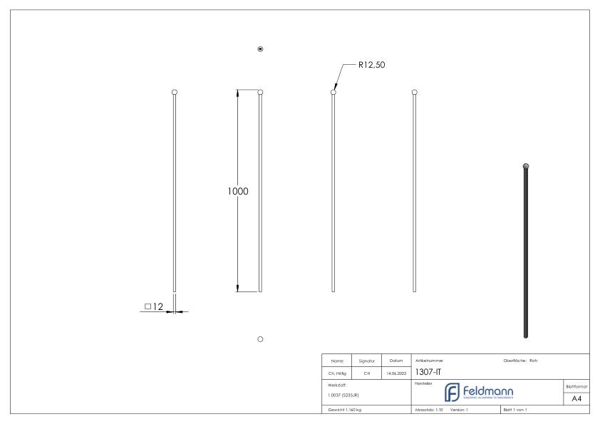 Zaunstab 12x12mm, H: 1000mm, Kugel 25mm