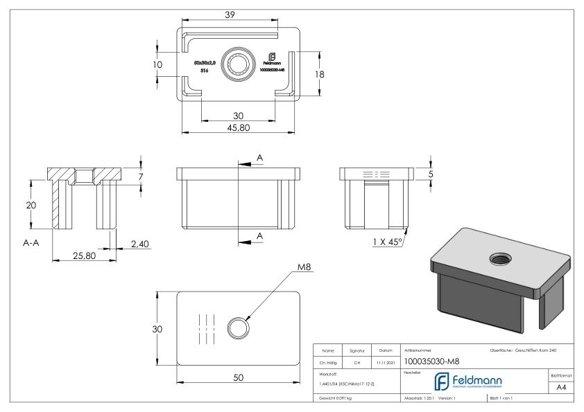 Einsteckkappe, für Rohr 50x30x2,0mm, V4A