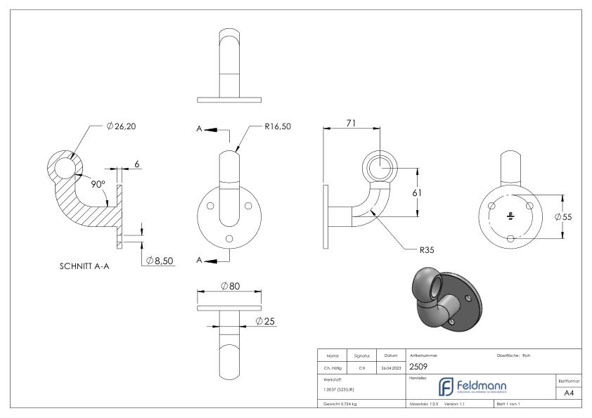 Handlaufträger für Ø 25mm Rundmaterial