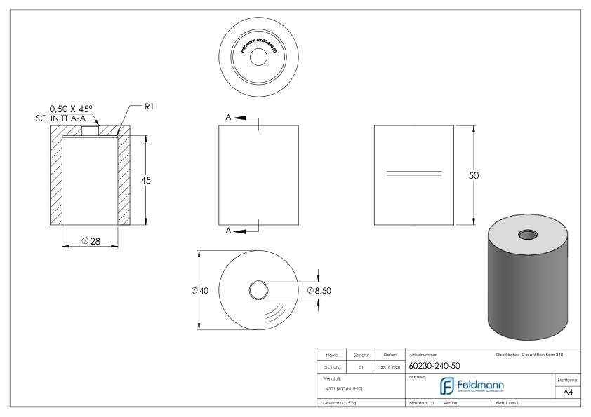 Unterteil Ø 40mm, mit Durchgangsbohrung , t: 50mm, V2A Unterteil Ø 40mm, mit Durchgangsbohrung , t: 50mm, V2A