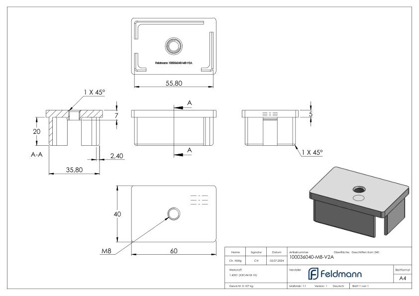 Einsteckkappe, für Rohr 60x40x2,0mm mit M8 Gewinde, V2A