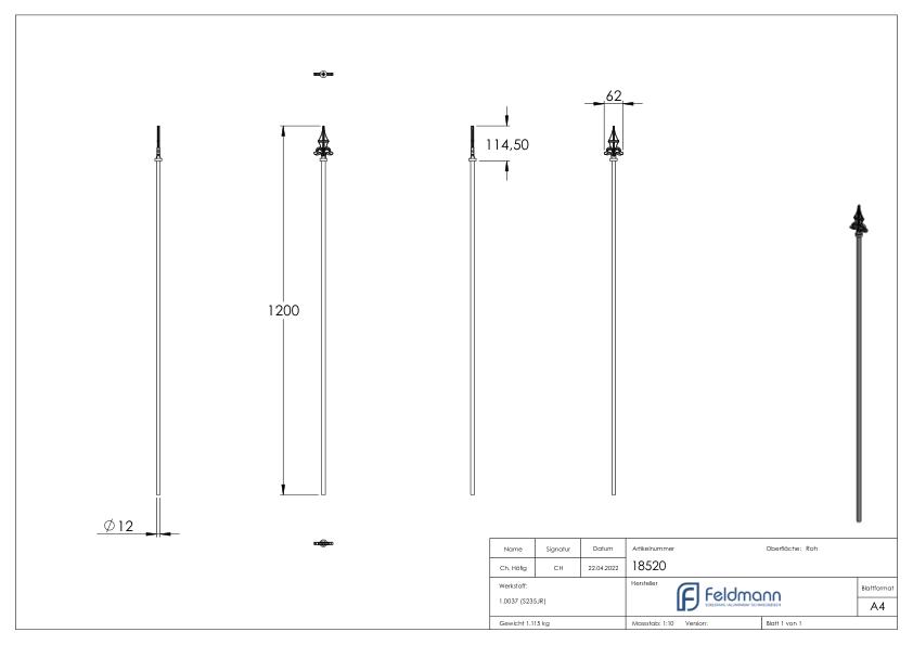 Zaunstab Ø 12mm, H: 1200mm, Spitze 124-1