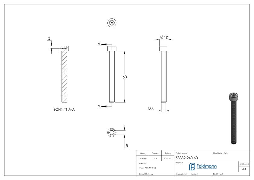 Zylinderkopfschraube M6x60, V2A, DIN 912 Zylinderkopfschraube M6x60, V2A, DIN 912
