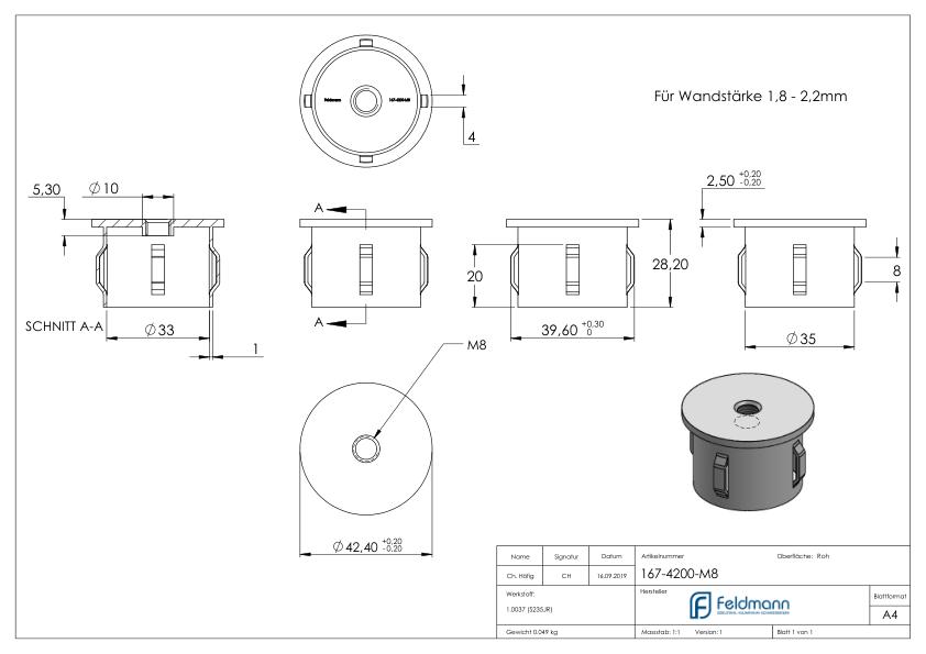 Stahleinschlagkappe, für Rohr 42,4mm