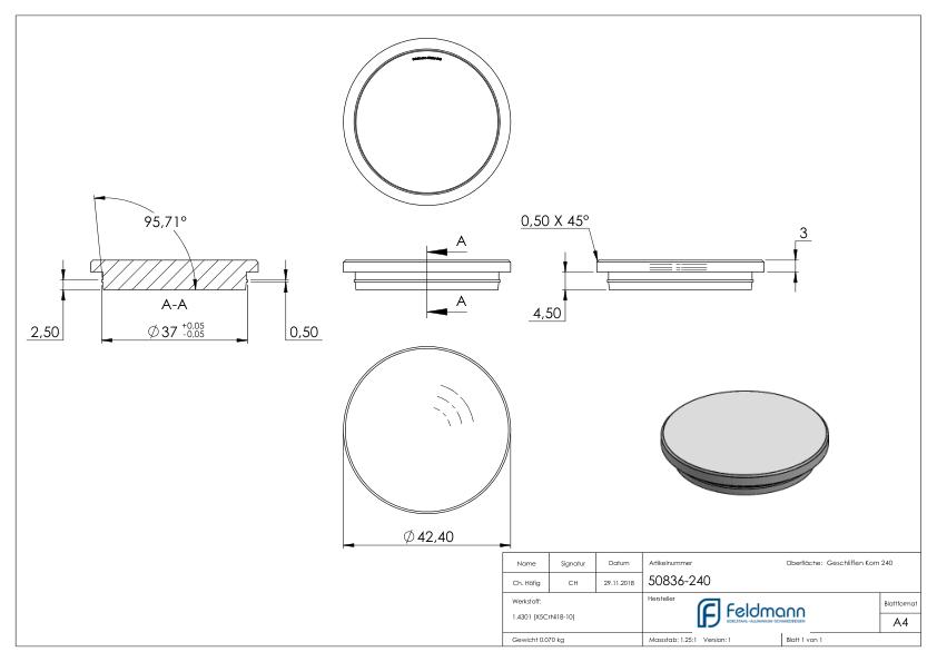 Rohrabschlussstopfen, für Rohr 42,4x3,0mm, V2A