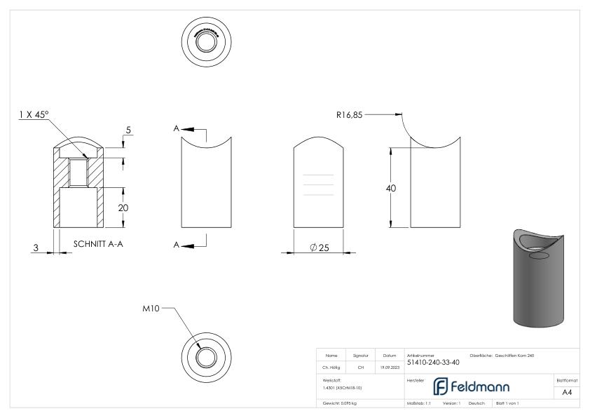 Wandhalter für Rohr 33,7mm, L: 40mm, V2A