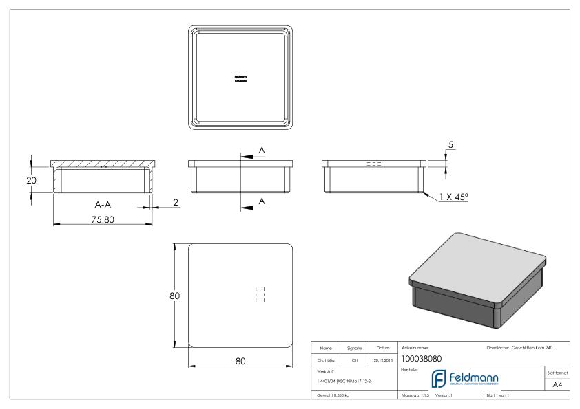 Einsteckkappe, für Rohr 80x80x2,0mm, V4A