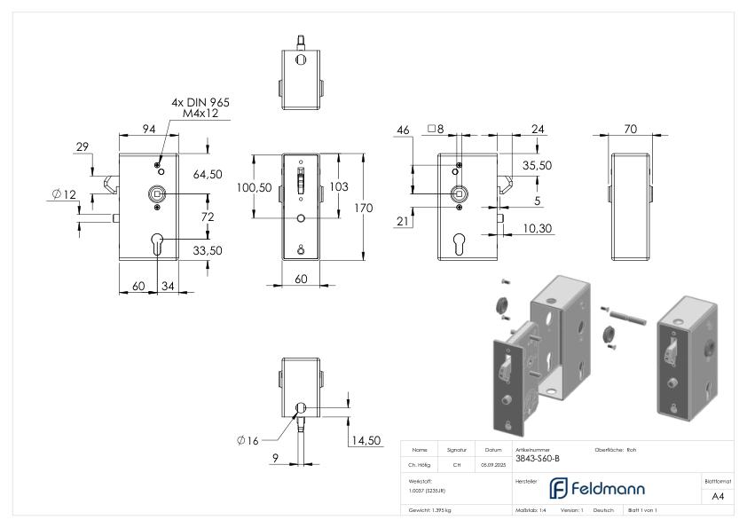 Schlosskasten mit Hakenschloss, 60 x 94 x 170mm