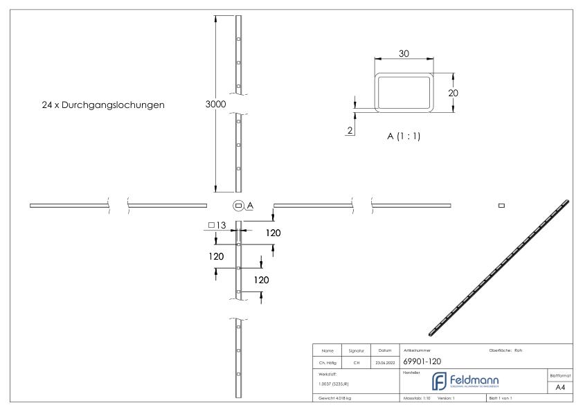 Rechteckrohr 30x20x2mm, Löcher f. Vierkant 12x12mm mit Abstand Mitte-Mitte 120mm, L: 3000mm