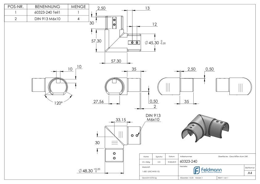 Eckbogen horizontal, für 48,3mm, V2A, Verlaufsecke