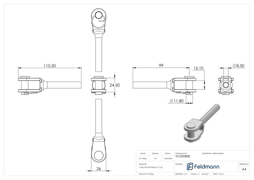 Gabelterminal zum Selbstverpressen für Seil Ø 8mm, V4A