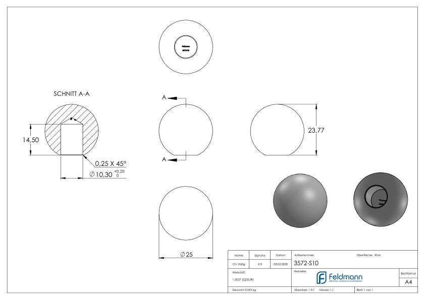 Massivkugel 25mm glatt mit Sackloch 10,3mm