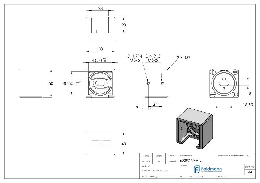 Wandbefestigung für Quadratnutrohr 40x40mm, links, V4A