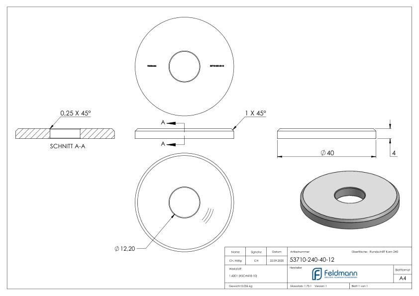 Ronde, Ø 40x4mm, mit Bohrung 12,2mm, V2A