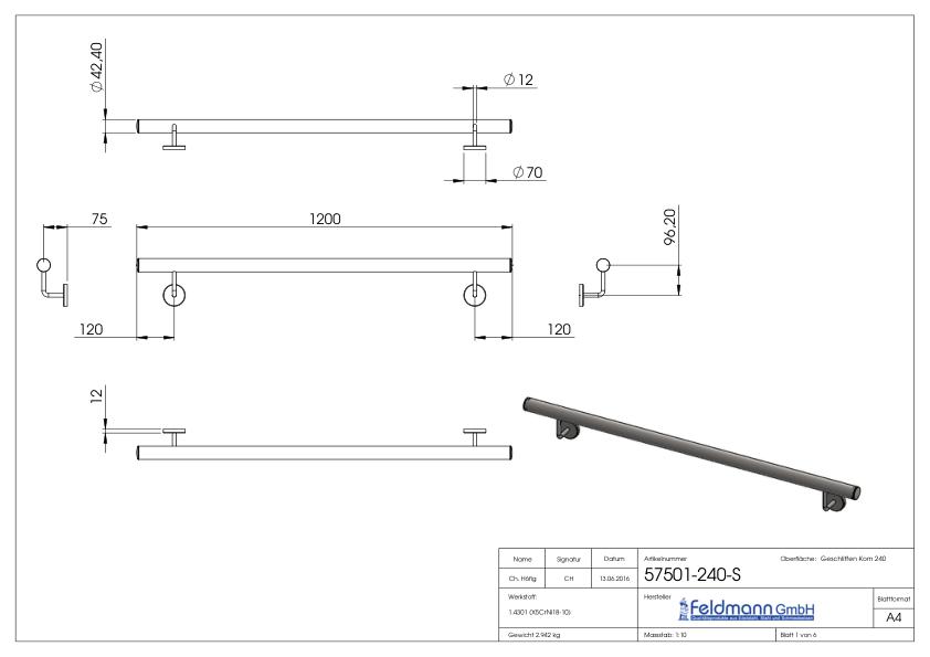 Handlauf, montagefertig, L: 1,2m, V2A