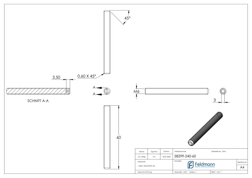 Gewindestift M6 x 60, A2, DIN 913 / ISO 4026