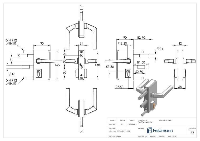 Gittertorschloss GTS 2 für Rohrstärke 60-80mm, Gehäuse blank