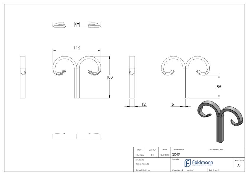 Zierelement, Ansatz 2x 12x6mm, 100x115mm,