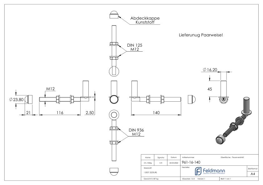 Kloben zum Durchschrauben für Ø 16mm, L: 140mm