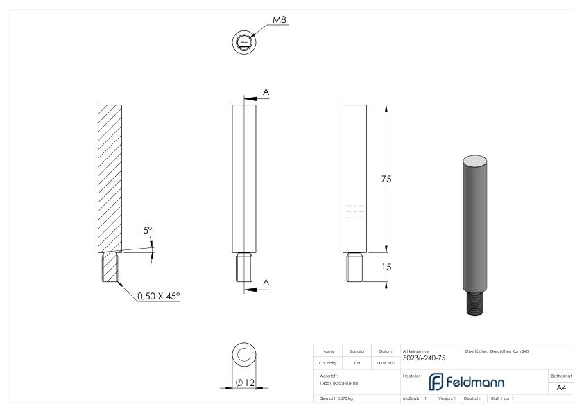 Stift Ø 12mm, L: 75mm, V2A