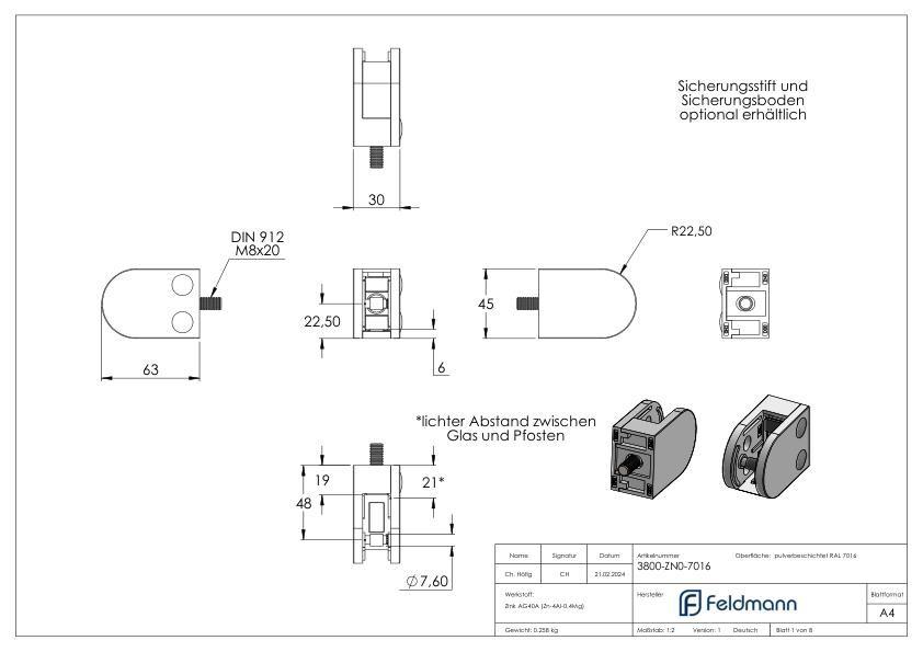 Glasklemme Mod. 38, Anschluss: gerade, Zink roh pulverbeschichtet RAL 7016 matt