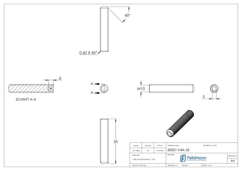 Gewindestift M10x55, V4A, DIN 913 / ISO 4026 Gewindestift M10x55, V4A, DIN 913 / ISO 4026