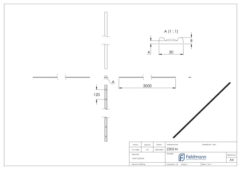Hespeneisen S235JR, 30x8x4mm, L: 3000mm